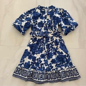 Joie Puff Sleeve Belted Fit and Flare Floral Mini Dress White Blue Size 2